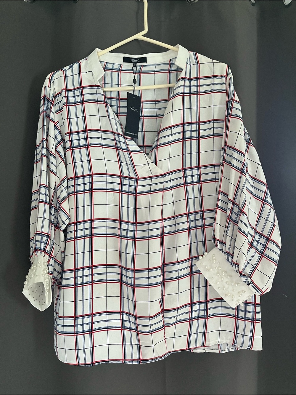 Plaid V-Neck Blouse with Pearl-Cuff Detail - White with Navy & Red